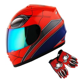1Storm Youth Kids Motorcycle Full Face Helmet Street Bike BMX MX Spider Red + MG Youth Glove Bundle