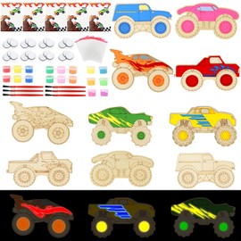 LARDUX Monster Truck Party Favors, 24PCS DIY Wooden Arts & Crafts Painting Kit for Kids, Glow in The Dark Party Favors Family Crafts Birthday Party Christmas Gifts Toys for Boys Girls