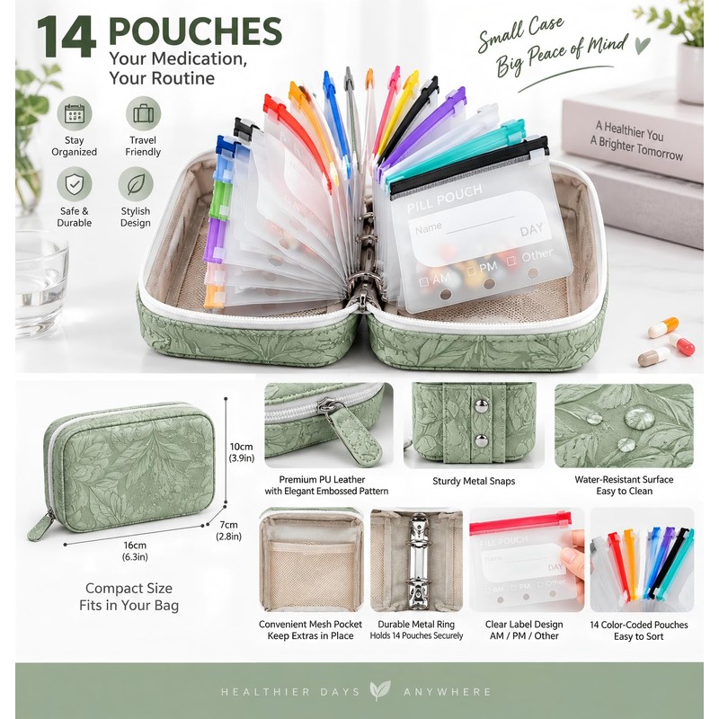 A8 Pill Pouches for Travel, 14 Reusable Pouches, Green Travel