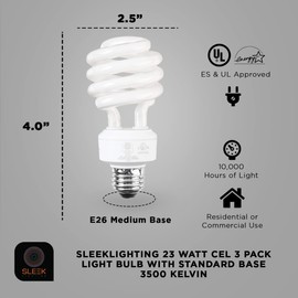 SLEEKLIGHTING E26 Standard Screw Base 23Watt CFL Light Bulb - 3 Pack, 3500 Kelvin for a Warm White and 1600 Lumens (100 Watt Light Bulb Equivalent) - UL Listed