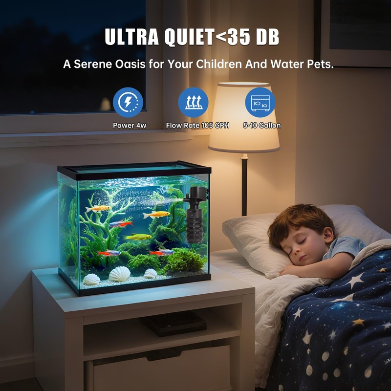 Aquarium Filter for 5-10 Gallon Tank – Ultra Quiet Submersible