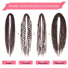 KRALER 24 Inch Mixed DE Dreadlock Extensions Sets, 3 in 1 20 Strands Synthetic Double Ended Dreads Extensions, Chocolate Brown Hippie Crochet Dreads Style for Girls