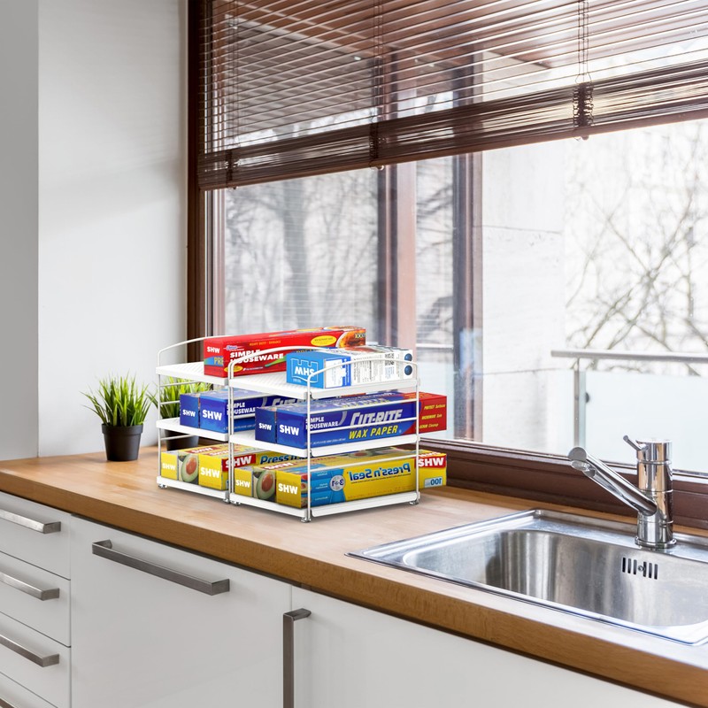 Simple Houseware Kitchen Wrap Organizer Storage Height Adjustable Rack, White