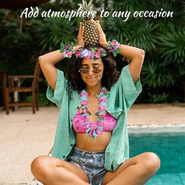 EAVUYIS Hawaii Necklace Set, Hawaiian Flower Chain Headband and Bracelet, Grass Skirt Party Costume Accessories, Flower Chain for Cheerleading, Birthday, Carnival, Beach Parties