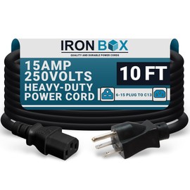 IronBox Electric NEMA 6-15 Plug to C13 Connector Power Cords - 15A/250V - 14/3 AWG - Power Supply Replacement Cable - UL Listed Heavy Duty Power Cord for Monitor, Computer, TV & More (10 ft, Molded)