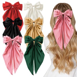 Mtuihfo 6 PCS Hair Bows, Long Silky Satin Big Bow Hair Clips, Solid Color French Barrettes Hair Bows for Women Lady Girls Hair Decoration Accessories