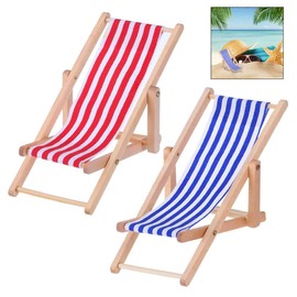 iwobi 2 Pcs Mini Foldable Wooden Beach Chair,Miniature Deco Beach Chair,Doll Lounge Chair with Red/Blue Stripe
