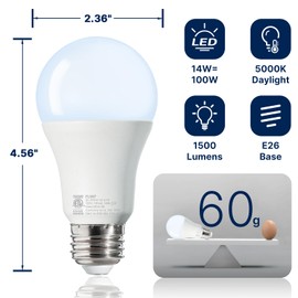 FLSNT 100W Equivalent A19 LED Light Bulbs, Efficient 14W, 1500Lumens, 5000K Daylight, CRI82, E26 Standard Base, 12 Pack, Non-Dimmable