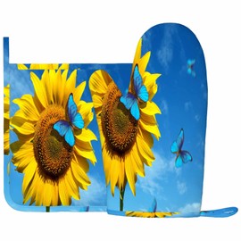 Mxocom Yellow Sunflowers Silicone Oven Mitts and Pot Holders Sets Blooming Sunflowers in Blue Sky Beautiful Blue Butterflies Flying BBQ Gloves for Kitchen,Cooking,Baking,Grilling
