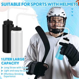 Domensi 4 Pack 1 Liter Hockey Sports Water Bottle with Long Straw BPA Free Easy Squeeze Plastic Bottle for Helmet Sport Football Lacrosse Baseball Gym Yoga(Black/translucent,Classic)