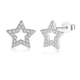 Loutade Silver Stud Earrings for Women, 925 Sterling Silver Star Stud Earrings, Hypoallergenic Earrings Silver Flat Star Stud Earrings, CZ Small Cartilage Sleeper Star Stud Earrings for Teen Girls