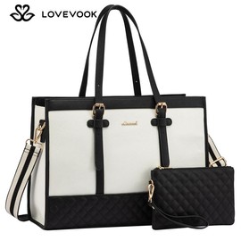 LOVEVOOK 15.6" Laptop Tote Bag with Clutch Purse, Canvas Computer Bag Office Briefcase, Casual Handbag for Travel, College, Teacher, School:_Black & White_15.6''