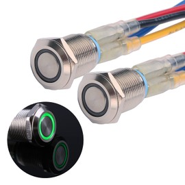 JIQI 2 x 12 mm Momentary Metal Push Button Switch 12 V to 24 V 2 A Momentary Push Button Switch with LED Light IP66 1NO Button End Waterproof Button Push Button for Boat Truck RV Car (Green)