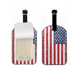 Zoczos Retro American Flag Suitcase Tags Striped Red White Luggage Tag with Full Privacy Cover Leather Strap for Travel Bag Handbag, 1 Pack