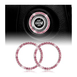 MUQIDA 2PCS Bling Car Engine Start Stop Decoration Ring, Crystal Rhinestone Emblem Sticker Push Start Button Cover, Sparkling Key Ignition & Knob Ring Auto Interior Decor for Women(Pink)