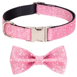 Jumpress Bling Dog Bow Tie Collar for Puppy Small Dogs and Cats, Cute Pink Girl Dog Collar with Bow for Daily Walking or Holiday Party (Neck fit 9-12’’)
