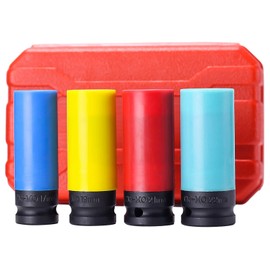 4PCS 1/2" Drive Wheel Protector Impact Socket, Non-Marring Lug Nut Thin Wall Deep Socket Set, CR-MO, 6 Point, Color-Coded Protective Socket | Metric 17 19 21 22 mm