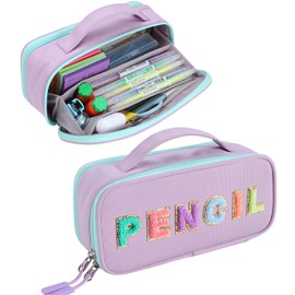 Amersun Large Capacity Pencil Case Pouch for Girl, Student, Women, Teen - Multi-Compartment, High Storage, Marker Pen Stationery Box Bag Organizer Holder for School College Office (Purple)