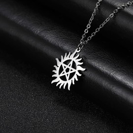 UNIFT Pentagram Sun Wheel Layered Necklace For Women Men Stainless Steel Dainty Chic Sun Sunburst Pentacle Pendant Double Layer Necklace Jewelry Gift (silver 2)