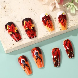 Maple Leaf Thanksgiving Press on Nails Medium Ballet Shaped Artificial Acrylic Nails Cartoon Elk Glitter Sequin Design Stick on Nails Full Cover Glue on Nail Festival Artificial Fingernails for Women