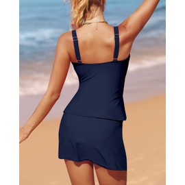 Husmeu Tankini Sets for Women with Skirt Swimsuits for Women Ruched Tummy Control Swimwear Two Piece Bathing Suits Navy Blue L