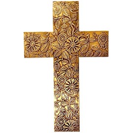Purpledip Wooden Wall Cross 'God's Glory': Mangowood Plaque with Golden Brass Sheet Cover (11445)