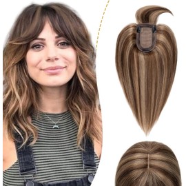SLEEKALON Hair Toppers for Women Real Human Hair 150% Density Silk Base Brown ombre Blonde Hair Topper Top Hair Piece for Women with Thinning Hair Clip in Topper Wigs with Bangs (12 Inch,4P27#)