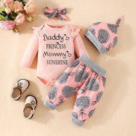 UUAISSO Newborn Baby Girl Clothing Daddy's Girls Long Sleeve Romper Tops Flower Pants Sets Headband Infant Girls Autumn Outfits, Pink (pink 2), 12 - 18 months