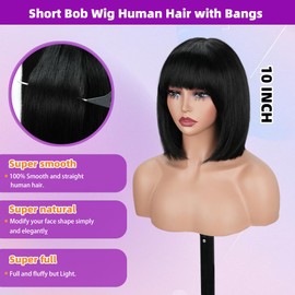 magichouse Bob Human Hair Wigs with Bangs 180% Density None Lace Front Wigs Brazilian Glueless Wear and Go Short Straight Human Hair Bob Wig with Bangs for Black Women Natural Black 10Inch