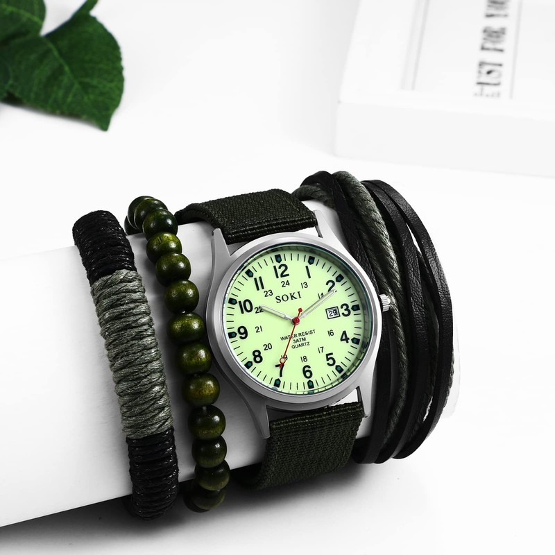 JewelryWe Men's Military Green Dial Nylon Strap Quartz Calendar Wrist