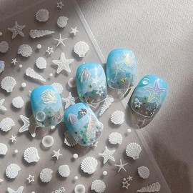 2PCS Summer Nail Art Stickers Decals Seashell Starfish Nail Decals 5D Embossed Ocean Stickers for Nails Cute Ocean Beach Nail Design Starfish Conch Shell Nail Supplies for Women Manicure Decorations
