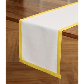 Solino Home Linen Table Runner 36 Inches - 100% Pure Linen Sunshine Yellow and White Small Table Runner 14 x 36 Inch Ideal for Dresser and Coffee Tables - Summer - Classic