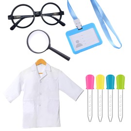 SPOKKI 8 Pcs Kids Lab Coat Doctor Scientist Costume, Size S Kids White Lab Coat with Certificate,Glasses,4 Droppers,Magnifying Glass, Crazy Scientist Costume for Role Play, 120-130cm tall (S)