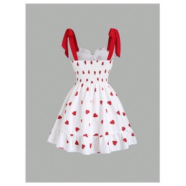 WDIRARA Women's Heart Print Bowknot Sleeveless A Line Short Dress Backless Trendy Swing Dresses Red and White X-Small
