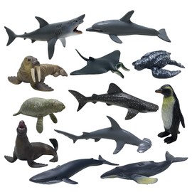 JOLLY SWEETS Sea Ocean Animals Pool Toys Bath Toys 12 Pack Set, Realistic Plastic Marine Figures Toy, Sea Life Creature, Rubber Ocean Creatures Figures Collection, Dolphin, White Shark, 2-4 inches.