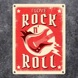 I Love Rock 'n' Roll Metal Sign in 15 x 20 cm with Guitar for Real Rocker and Rockabilly Fans as a Gift Idea for Housewarming Music Indie Alternative