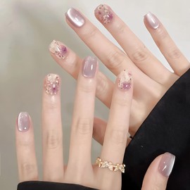 [ALLEVG]ネイルチップ 30枚入マグネットタイプ フェミニンラベンダーキャットアイ プチデイジーモチーフ付き付け爪 春夏 人気 和風 かわいい シンプル おしゃれ 成人式 入学式 卒業式 結婚式 パーティー 花嫁ネイル