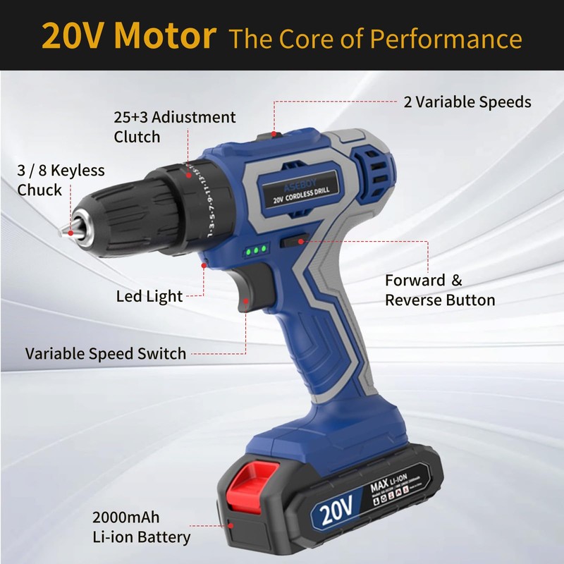 Aseboy Cordless Drill with Battery and Charger, 20V Drills for