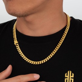 KRKC&CO 8/10/12/14mm Mens Cuban Link Chain,18k Gold Miami Cuban Chain, 4-Side Cut,Hip Hop Jewelry, Anti-Allergies Necklace,Durable and Anti-Tarnish Urban Street-wear, Never Fading, Everlasting Shine