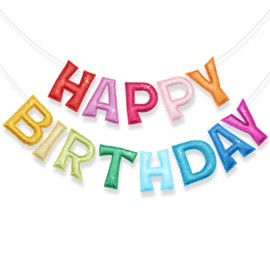 Tegeme Pre-strung Happy Birthday Banner, Felt glitter Happy Birthday Garland Reusable Colorful Rainbow Decoration for Woman, Man Party Photo Prop
