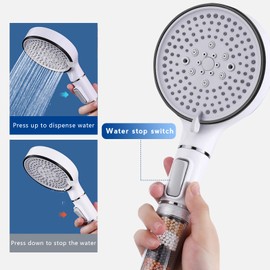 Duschkopf mit Schlauch 2M und Halterung, Duschkopf wassersparend mit 5 Strahlarten, 4-Lagen-Filtration und Wasserstoppschalter, Duschbrause 120mm Durchmesser
