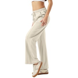 26"/28"/30" Inseam Womens Summer Pants Cool Thin Petite Sweatpants Wide Leg Elastic Waist Loose Lightweight with Pocket UPF50 Beige