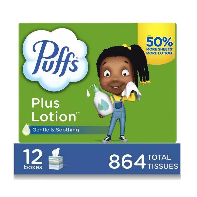 Puffs Plus Lotion 2-Ply Facial Tissues 12 Cube Boxes, 72