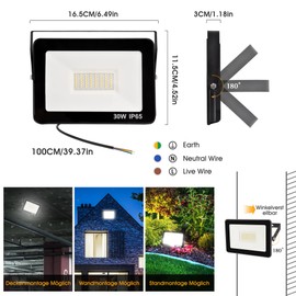Zelvia 30 W LED Outdoor Spotlight, 3000 lm, Super Bright LED Spotlight, 6000 K, Cool White Spotlight, Outdoor IP65 Waterproof Floodlight, Outdoor Spotlight for Sports Field, Garage, Garden, Backyard