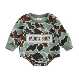 Xnqiwq Newborn Baby Boy Camo Onesie Daddy's Buddy Bubble Romper Sweatshirt Long Sleeve Bodysuit Hunting Outfit Fall Clothes (Army Green, 12-18 Months)