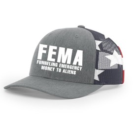 Trenz Shirt Company Mens FEMA Funneling Emergency Money to Aliens Embroidered Mesh Back Trucker Hat, Heather Grey/American Flag
