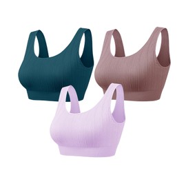 Vinfact 3 Pack Striped Sports Bras for Women Removable Padded Wireless Bras Yoga Bra Support Workout Fitness Pink,Blue,Purple XL