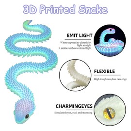 24in 3D Printed Snake, 3D Printed Animals Articular Mobility Glow in The Dark Snake Toy, Fidget 3D Printed Collectible Toys for Home & Office Decoration, Gift for Boys and Girls (Luminous Blue)