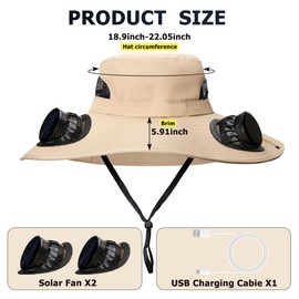 Solar Fan hat, USB and Solar Powered Fan Hat, Adjustable Outdoor Sports Sun Hat, Unisex, Breathable Summer Sun Hat, Suitable for Beach and Mountaineering Activities - Khaki