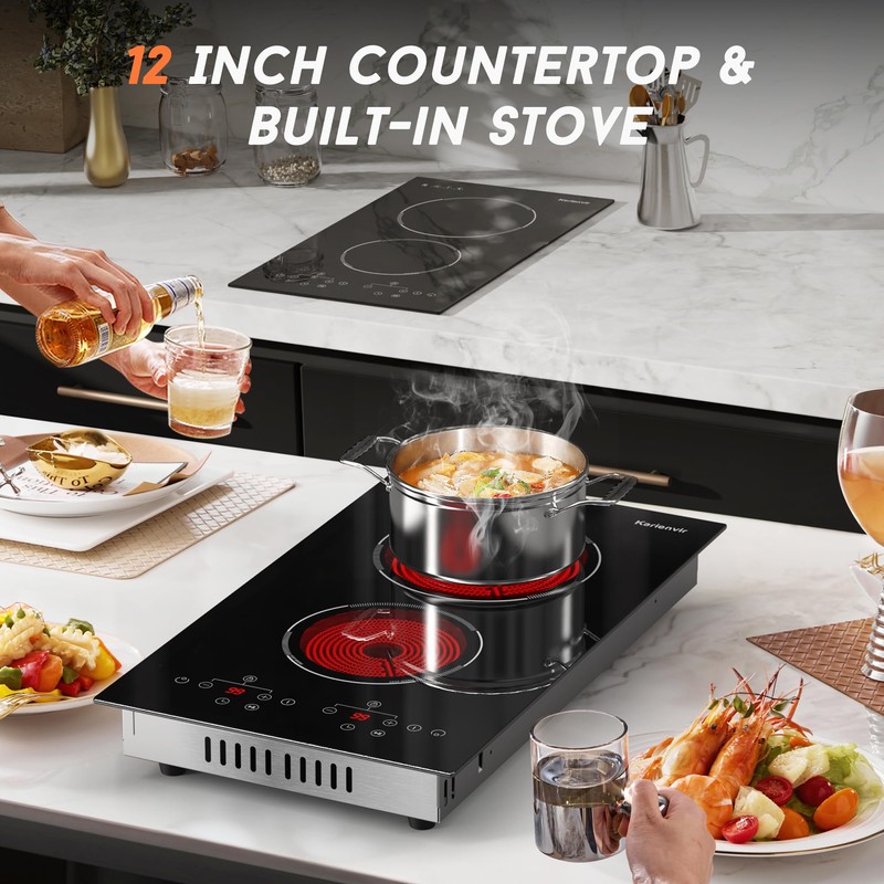 2 Burner Electric Cooktop, 110v Electric Stove with Plug, 12